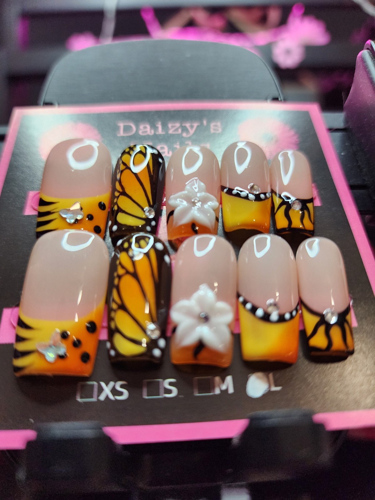 Large Size Press-on Nail 10Pc Set Handmade Square Butterfly 3D 2.5 Cm Length