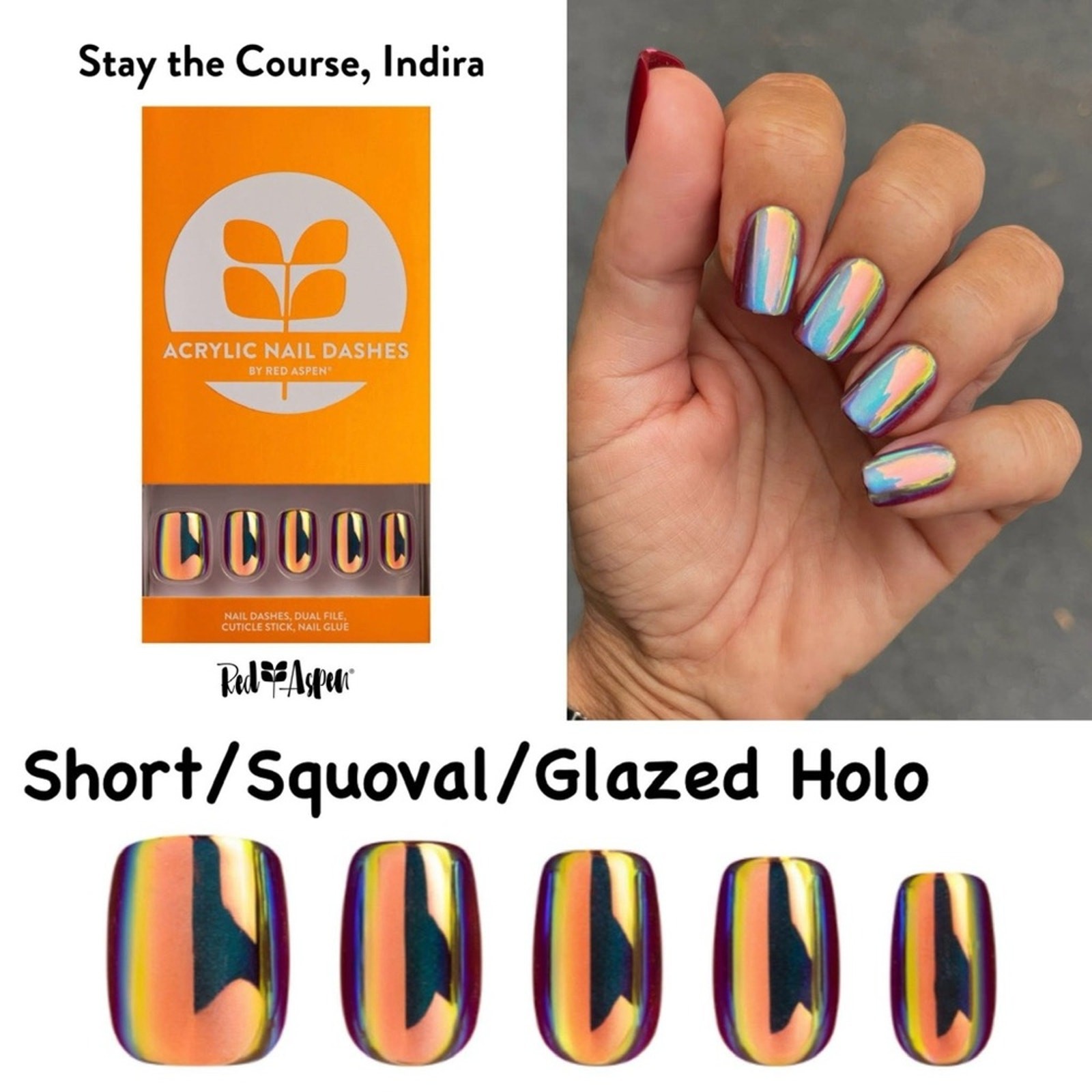 Red Aspen Short Squoval Glazed Holo Press-On Nails – Iridescent Rainbow