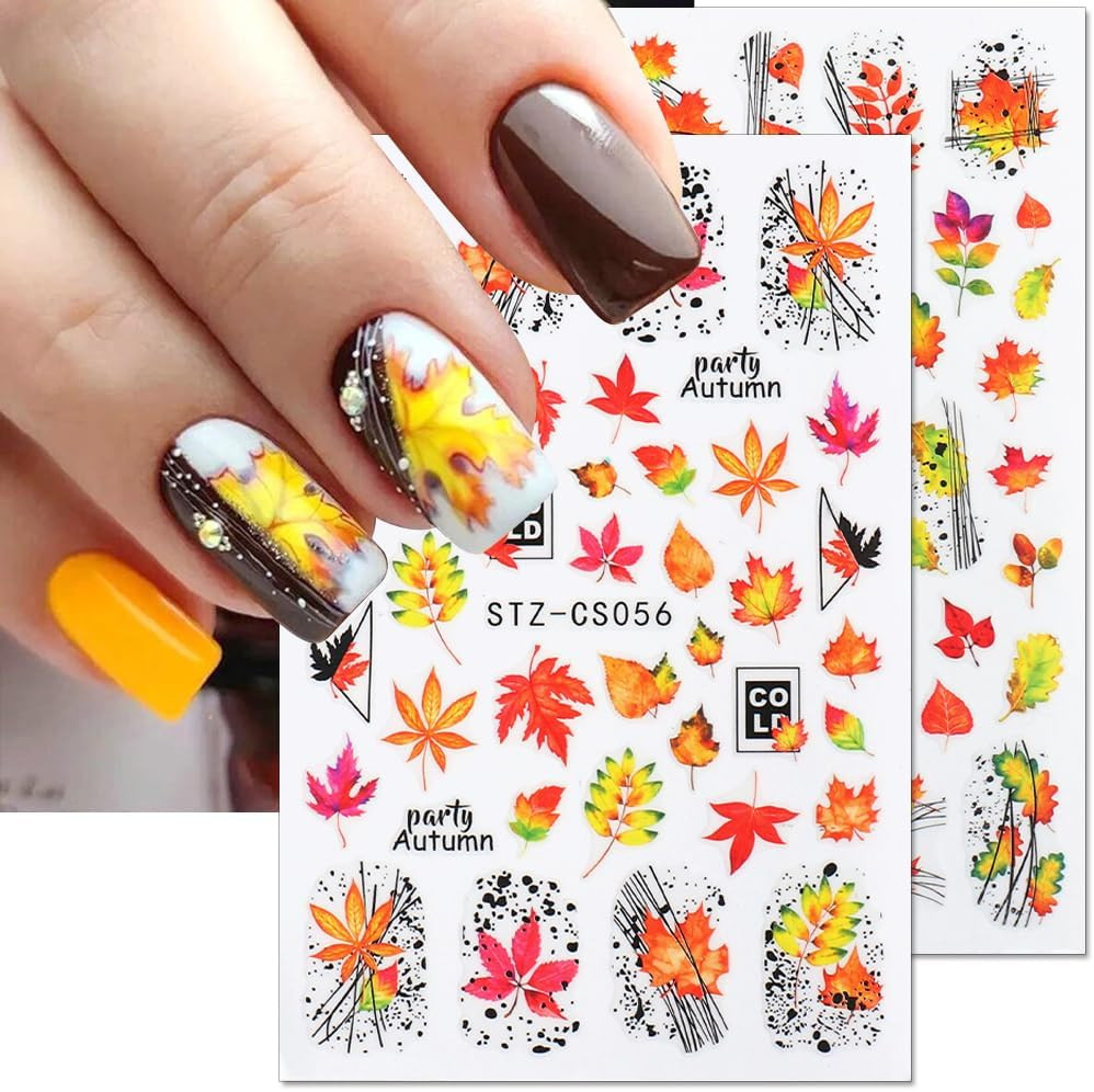 Maple Leaf Nail Art Stickers – Fall Nail Decals, Geometric Line Designs, Autumn