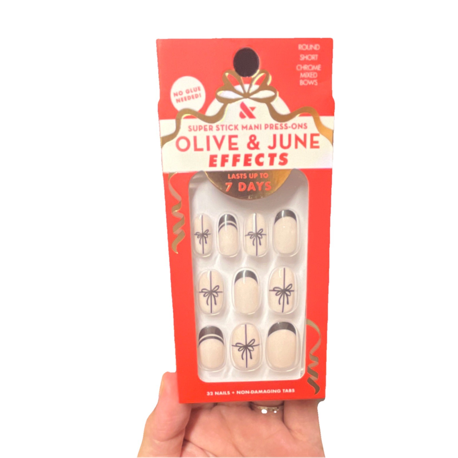 Olive & June Super Stick Press-On Nails Holiday, French Chrome, Short Round