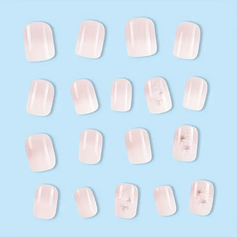 24Pcs/set Glossy Short Oval Press On Nails White And Pinkish Gradient Flower