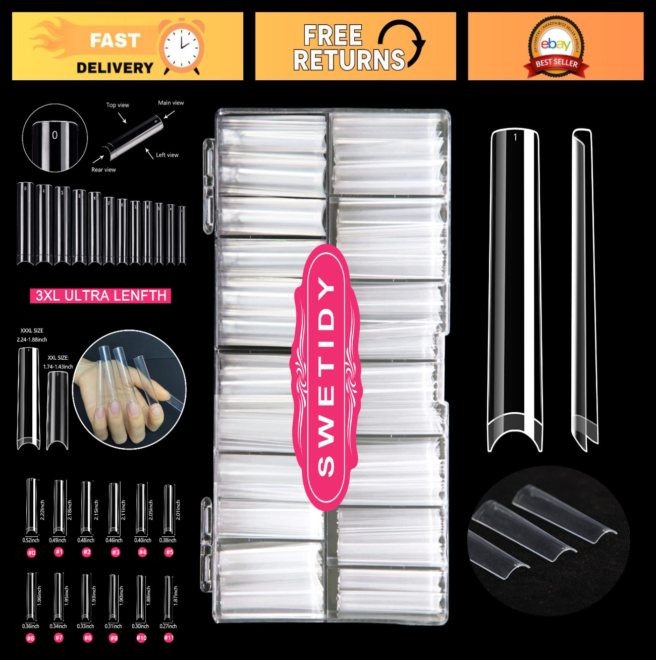 3XL Long Square Nail Tips – 360PCS Clear Acrylic Half Cover False Nails, 12 Size