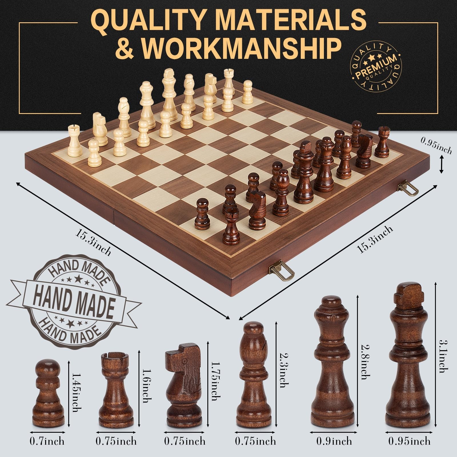 Magnetic Wooden Chess Set, 15″ Folding Board with 2 Extra 15 inches