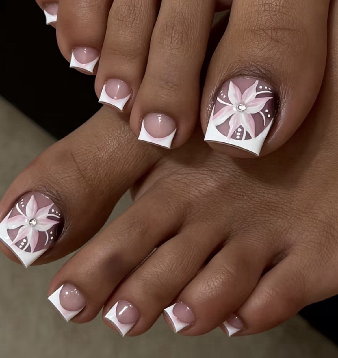 Pink White Floral Square Short Press-On Toenails French Glue Included