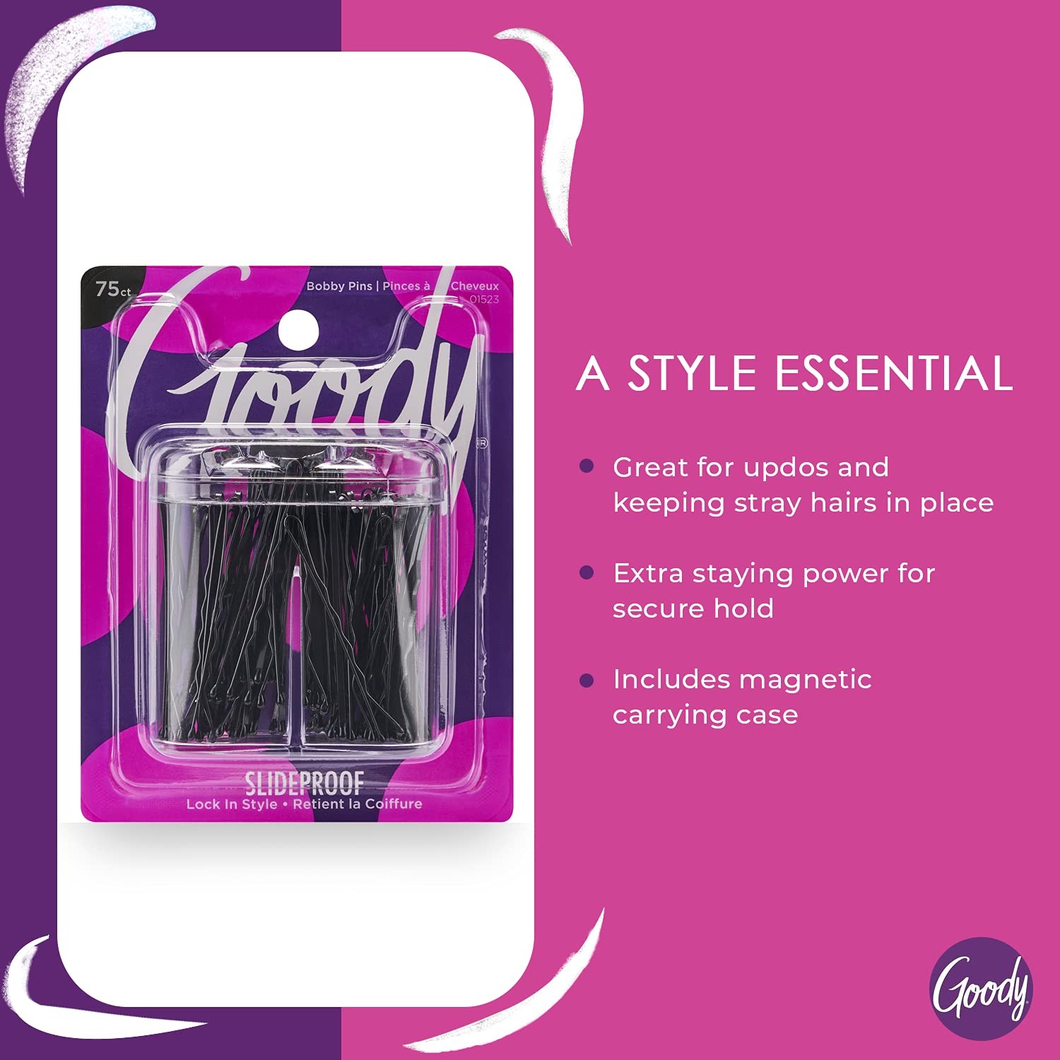 Goody SlideProof Bobby Pin Box with Magnetic Top 75 Count (Pack of 1), Black