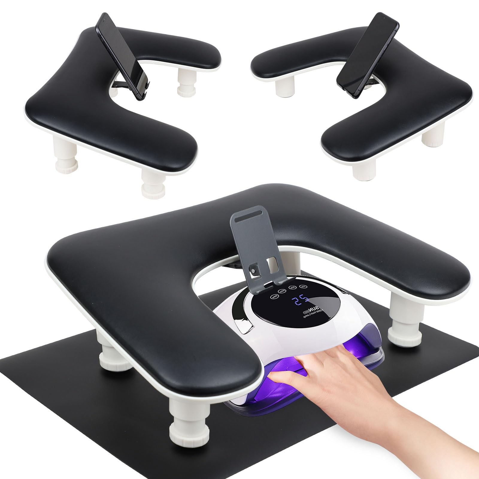 U Shaped Manicure Nail Hand Rest Arm Stand Pillow W/ Table Mat Phone Holder