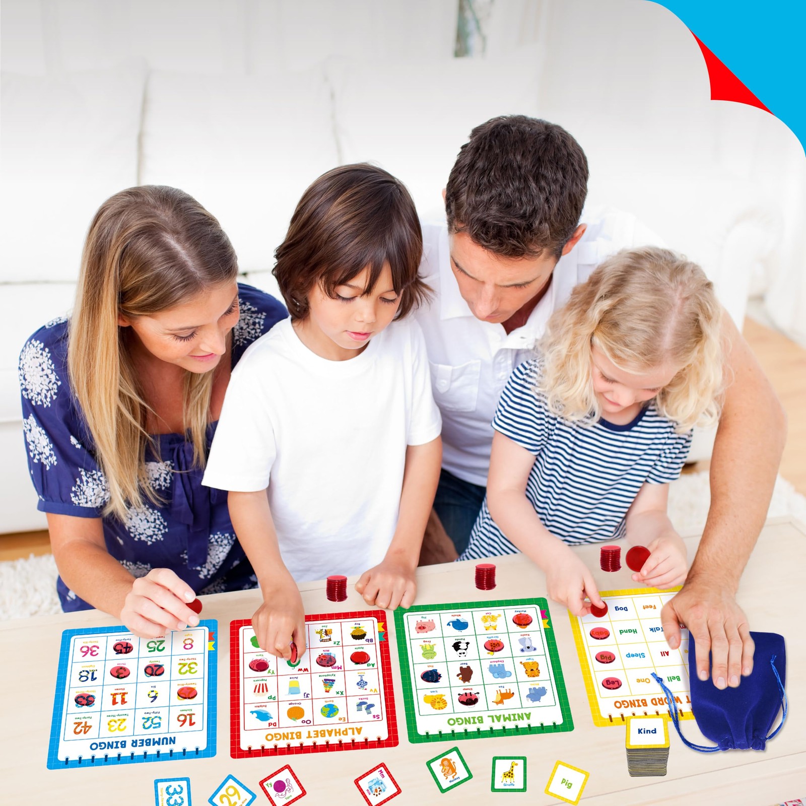 Family Bingo Game, Alphabet Animal Sight Word and Number Medium, Multicolored