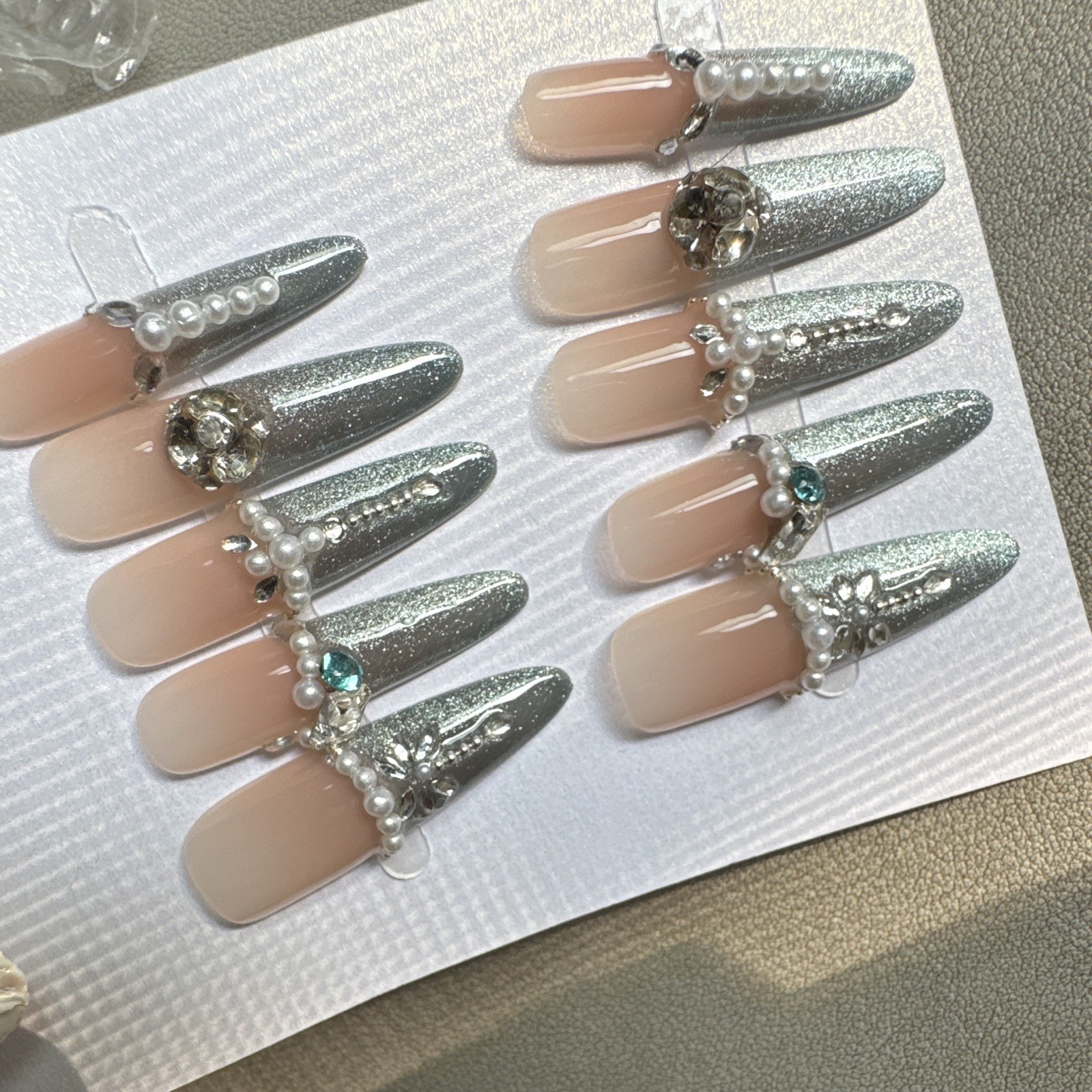 Press-On Nails Long Coffin Nude/Silver Glitter Pearl Rhinestone Full Cover