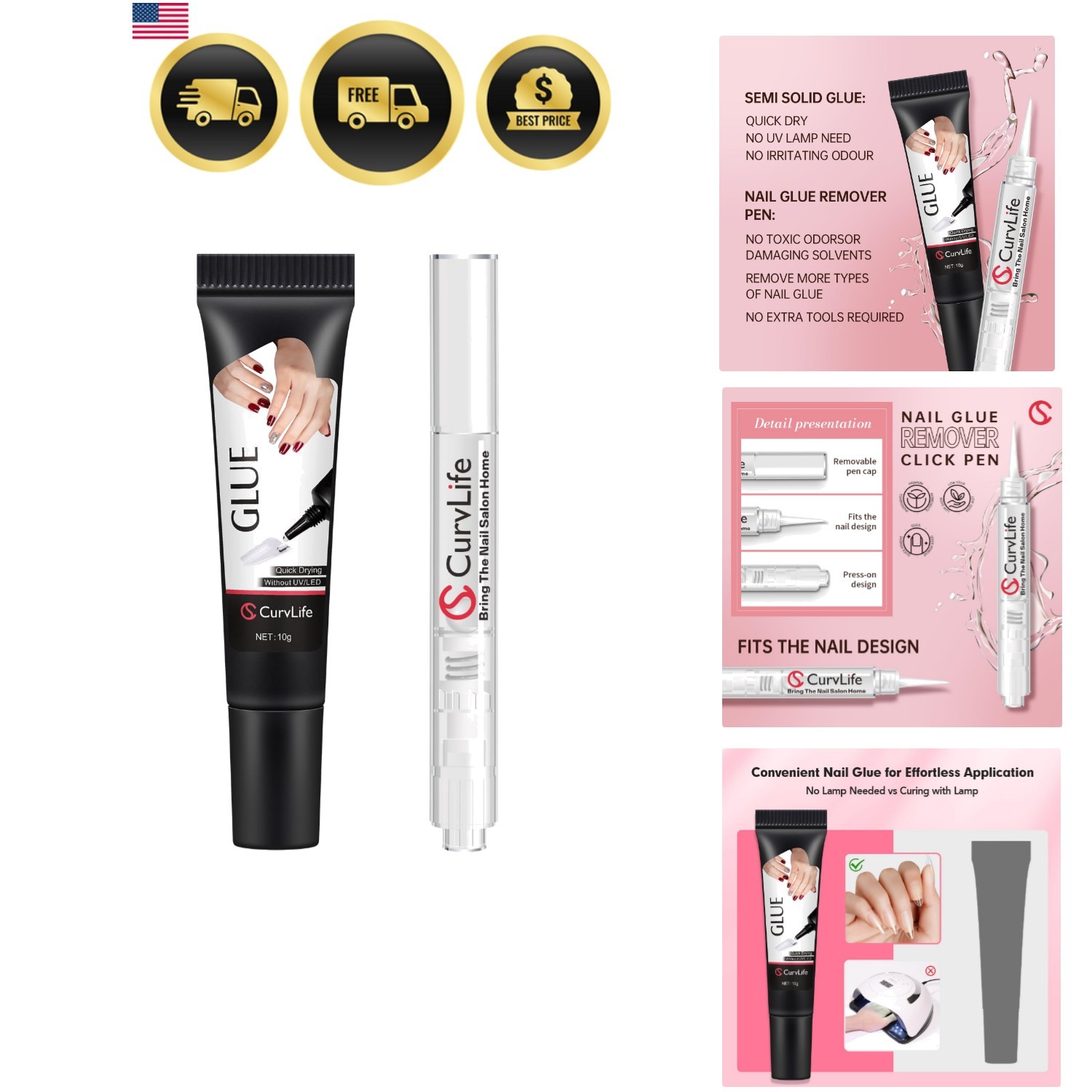 10g Semi Solid Nail Glue Gel with 5ml Nail Glue Remover Pen, No Need for Uv L…