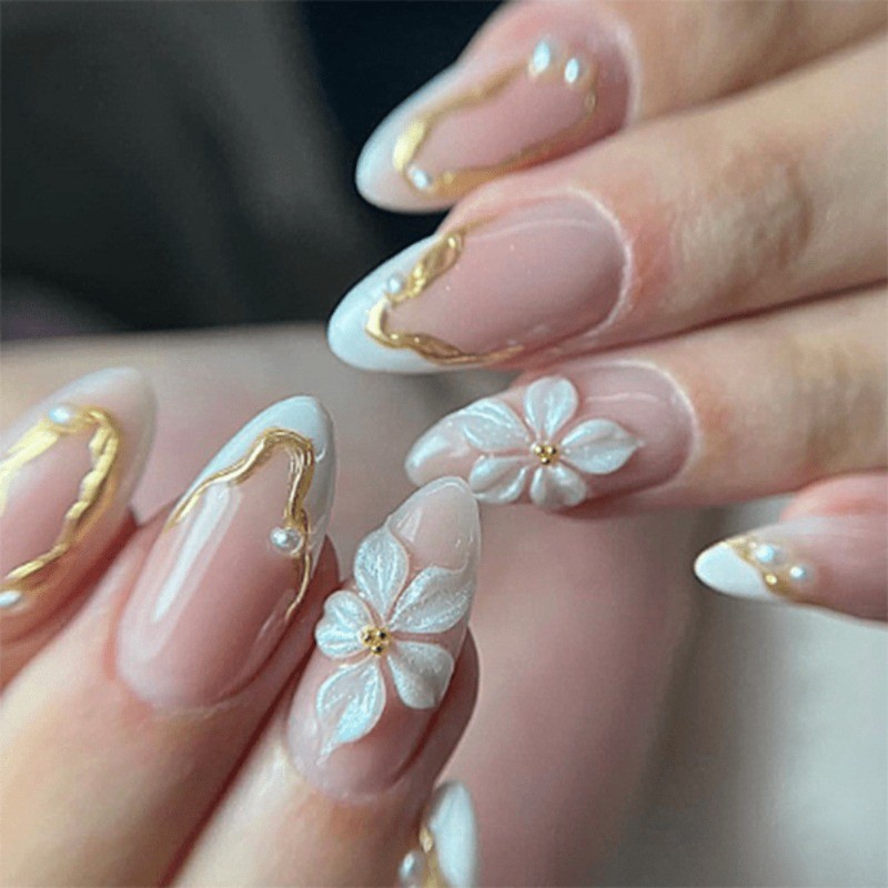 24 exquisite pink and white flower handmade nails medium almond shaped nail art