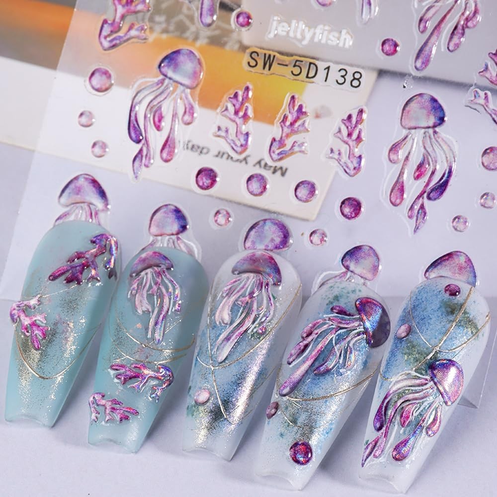 5D Embossed Ocean Nail Stickers – Summer Decals With Shell, Colorful