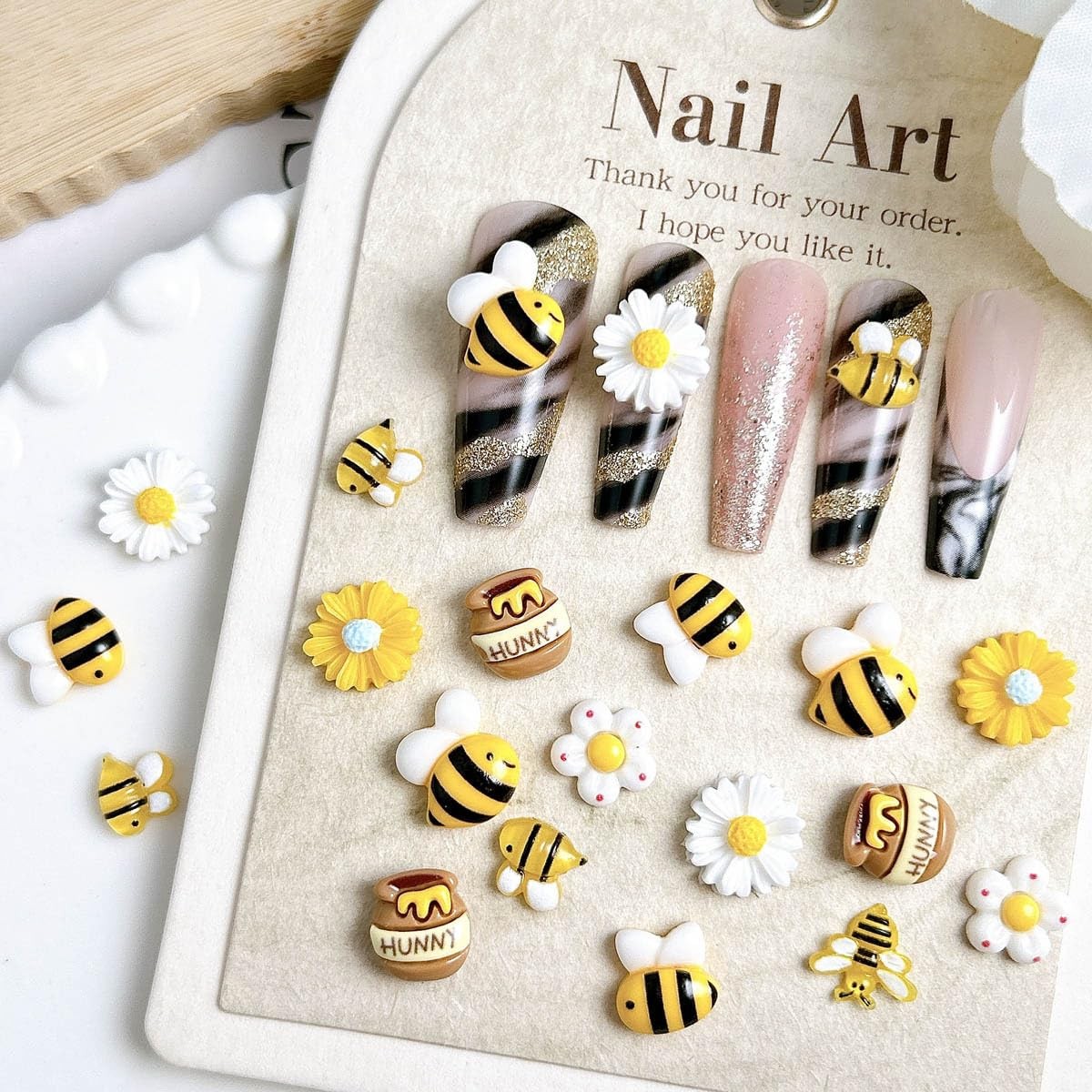 120Pcs Cartoon Bee Nail Charms for Nail Art Cute Flower Nail Charms Resin Bee…
