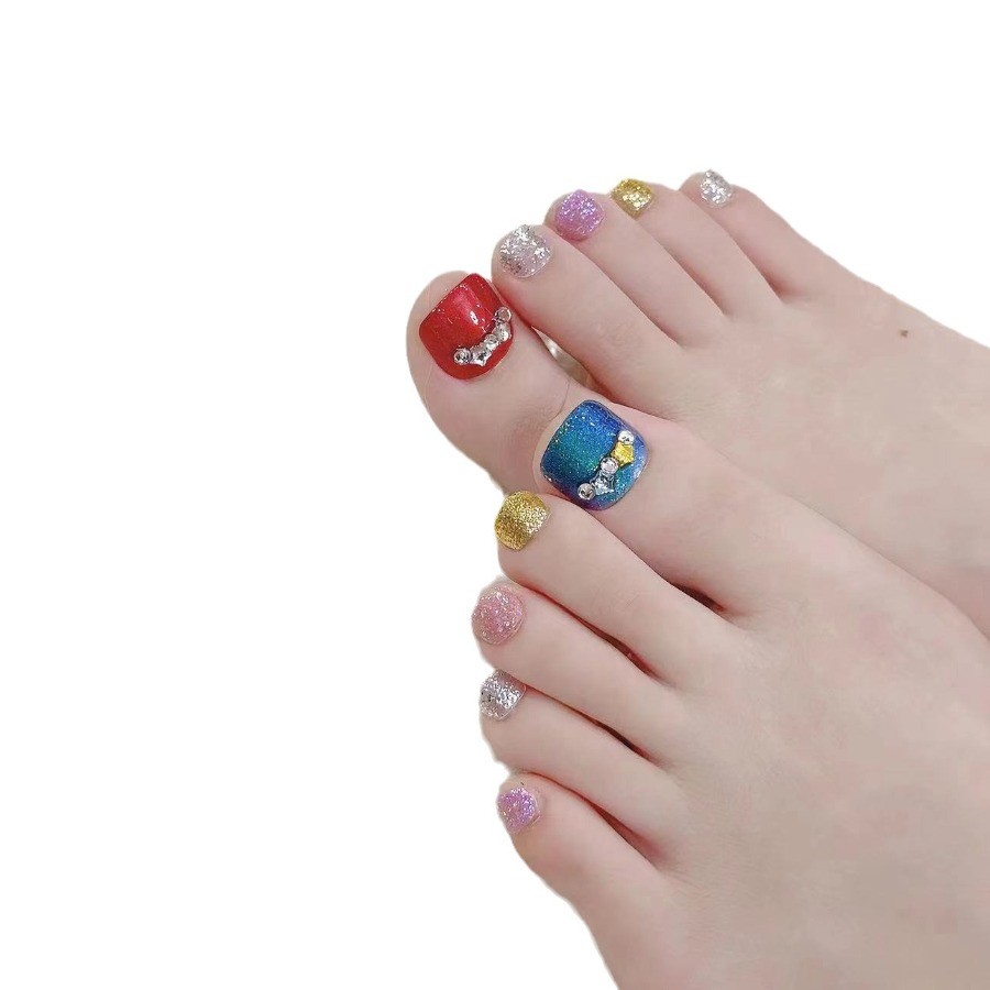 10Pcs Gradient Glitter Cat Eye toenails Press On Nails Summer Vacation Photo