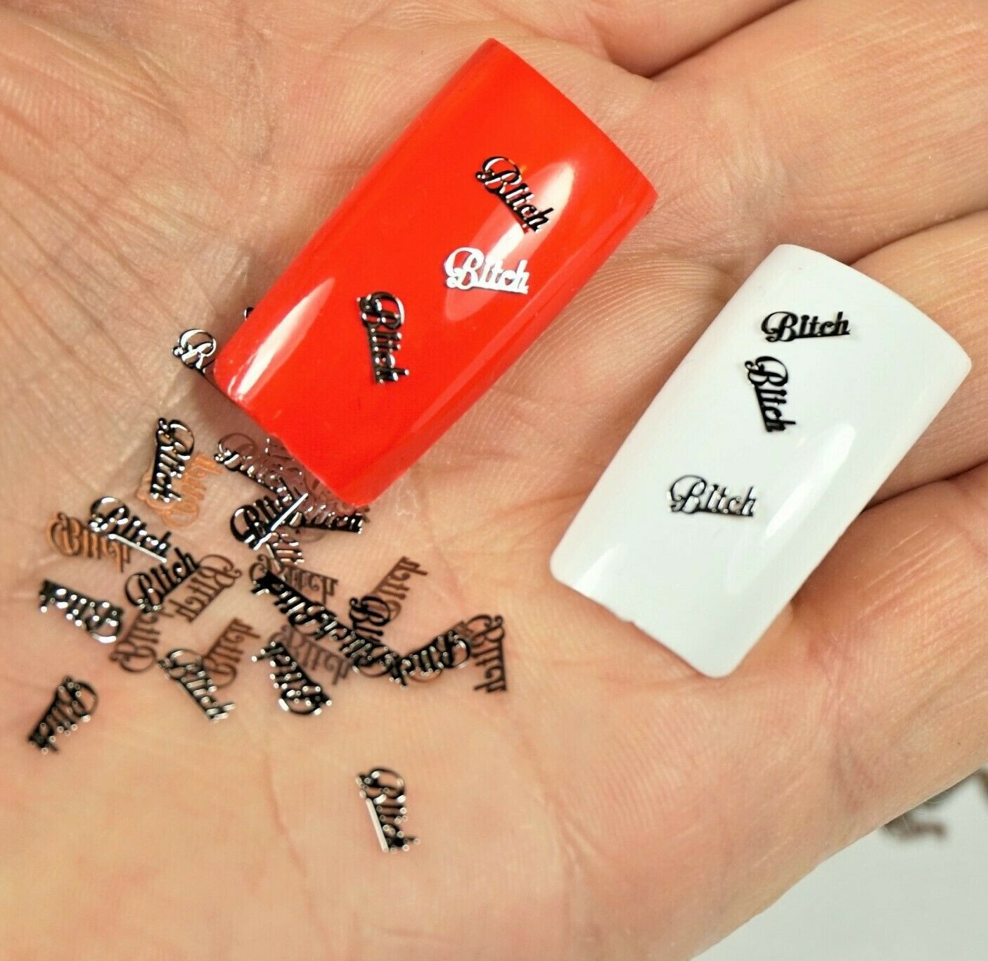25 BITCH SILVER METAL CHARMS 3D NAIL ART SMALL GIFT IN BOX FOR WOMEN