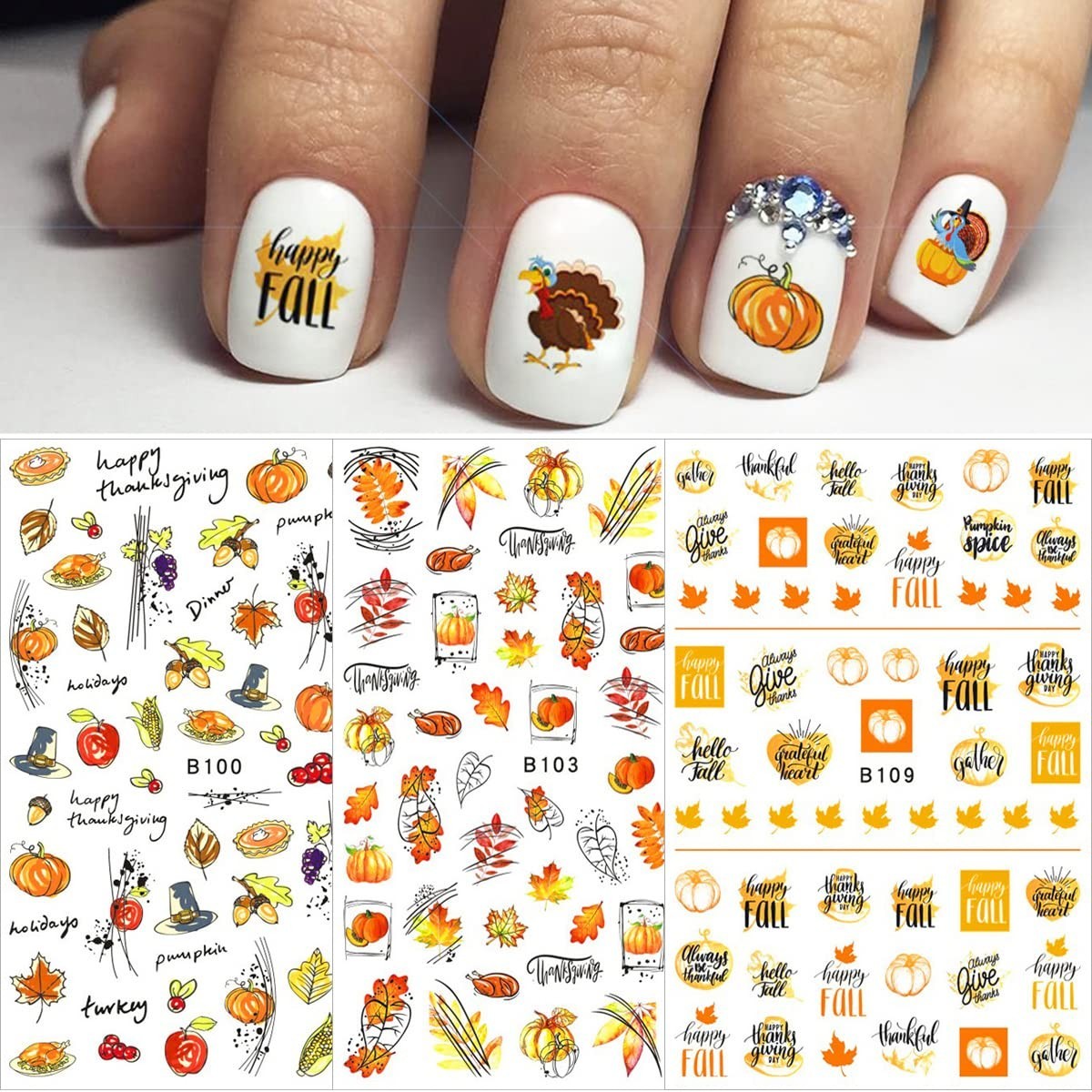 12 Sheets Fall Nail Art Stickers 3D Autumn Leaves Nail Decals Self-Adhesive T…