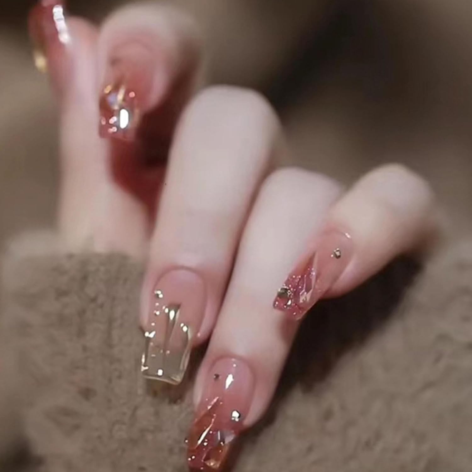 Hkanlre Rhinestone Coffin Medium Fake Nails Tips 24PCS Bling Press-On Nails for