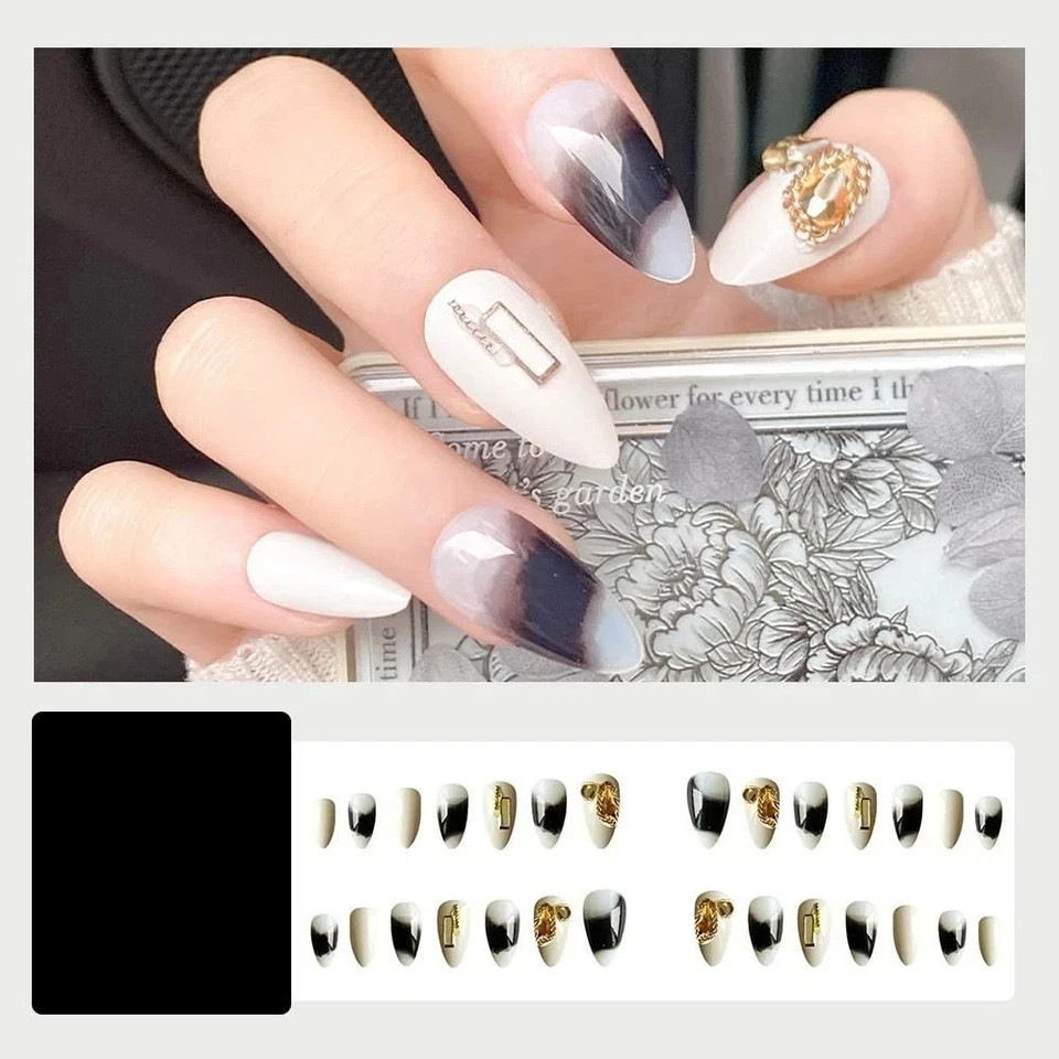 Secret Lives 24 PCS Reusable Fake Nails Set | White with Dark Grey Patch & Golde