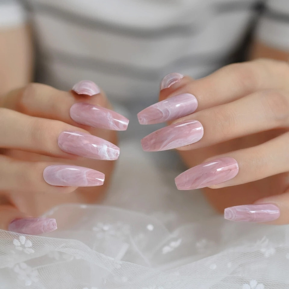24 Press on Nails kit w Glue extra long Coffin Pink quartz marble mauve