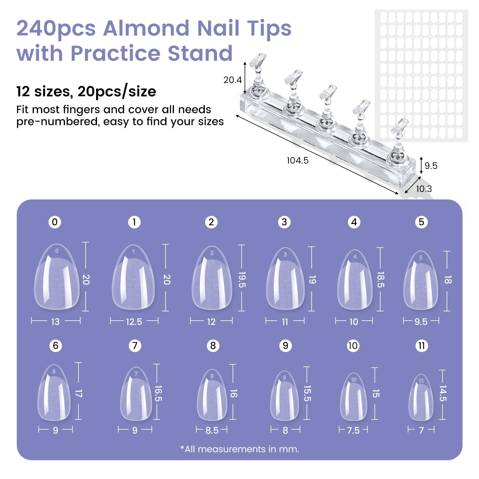 Extra Short Almond Nail Tips: 240Pcs Small Shape Soft Gel XS, Clear