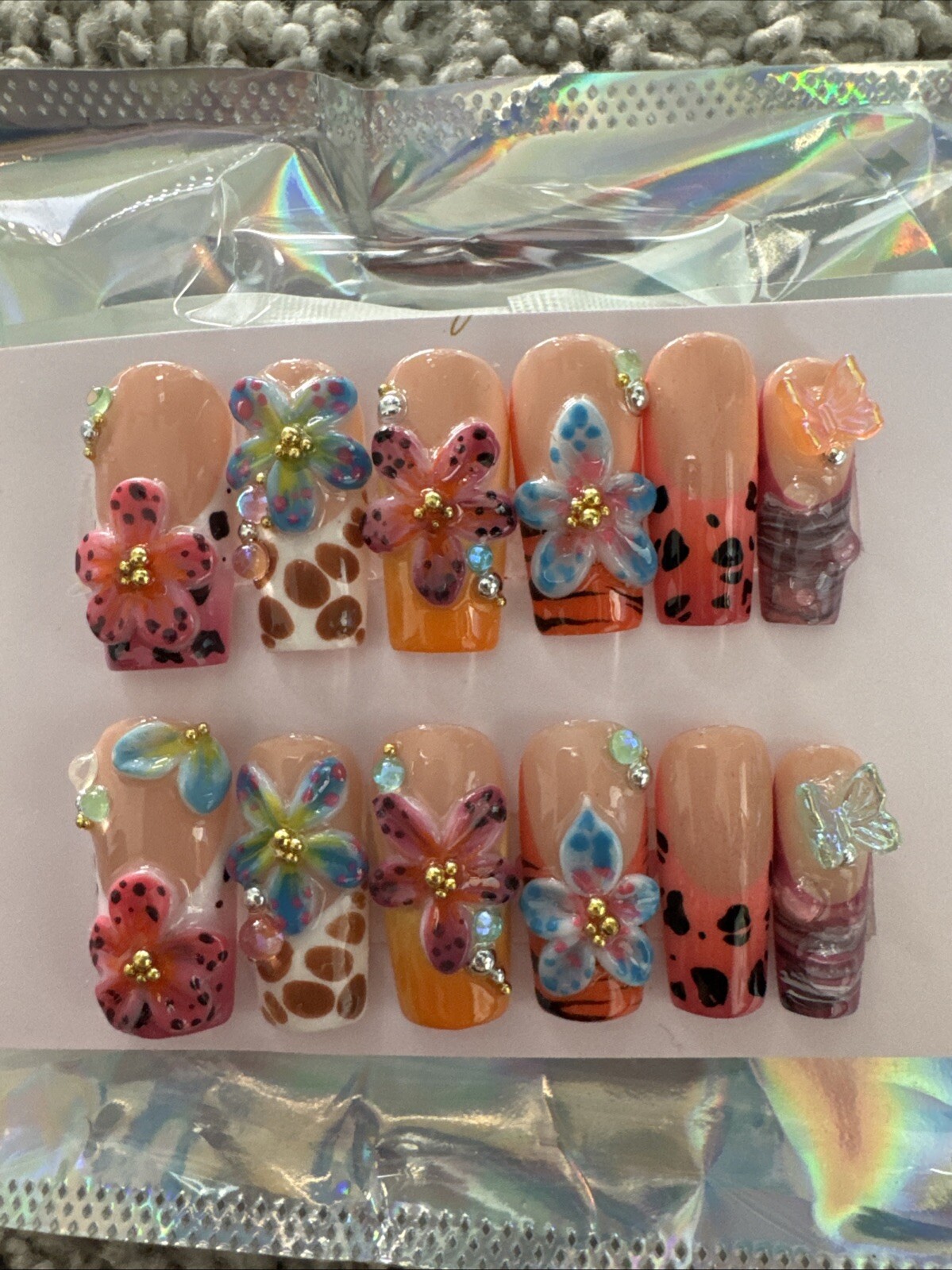 New Custom Press On False Fake Nails French Animal Print Flower Butterfly 12 pc
