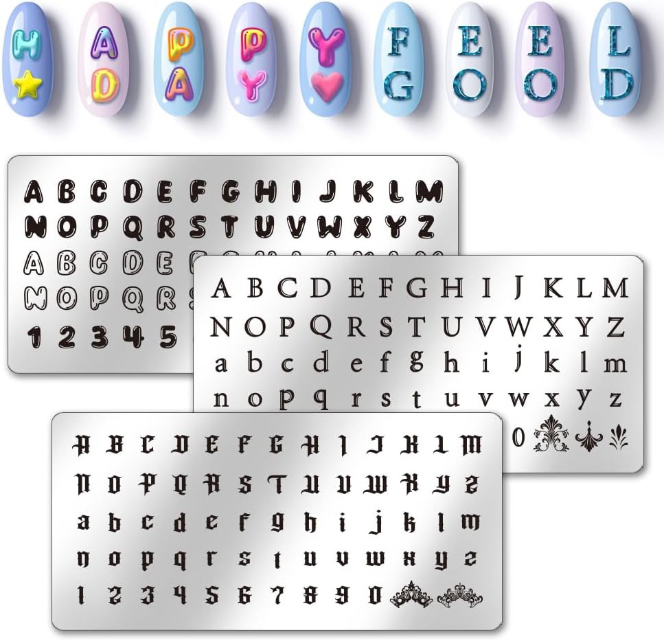 3pcs Letter Number Nail Stamping Plates, 3 Styles Alphabet Nail Stamper Typef…