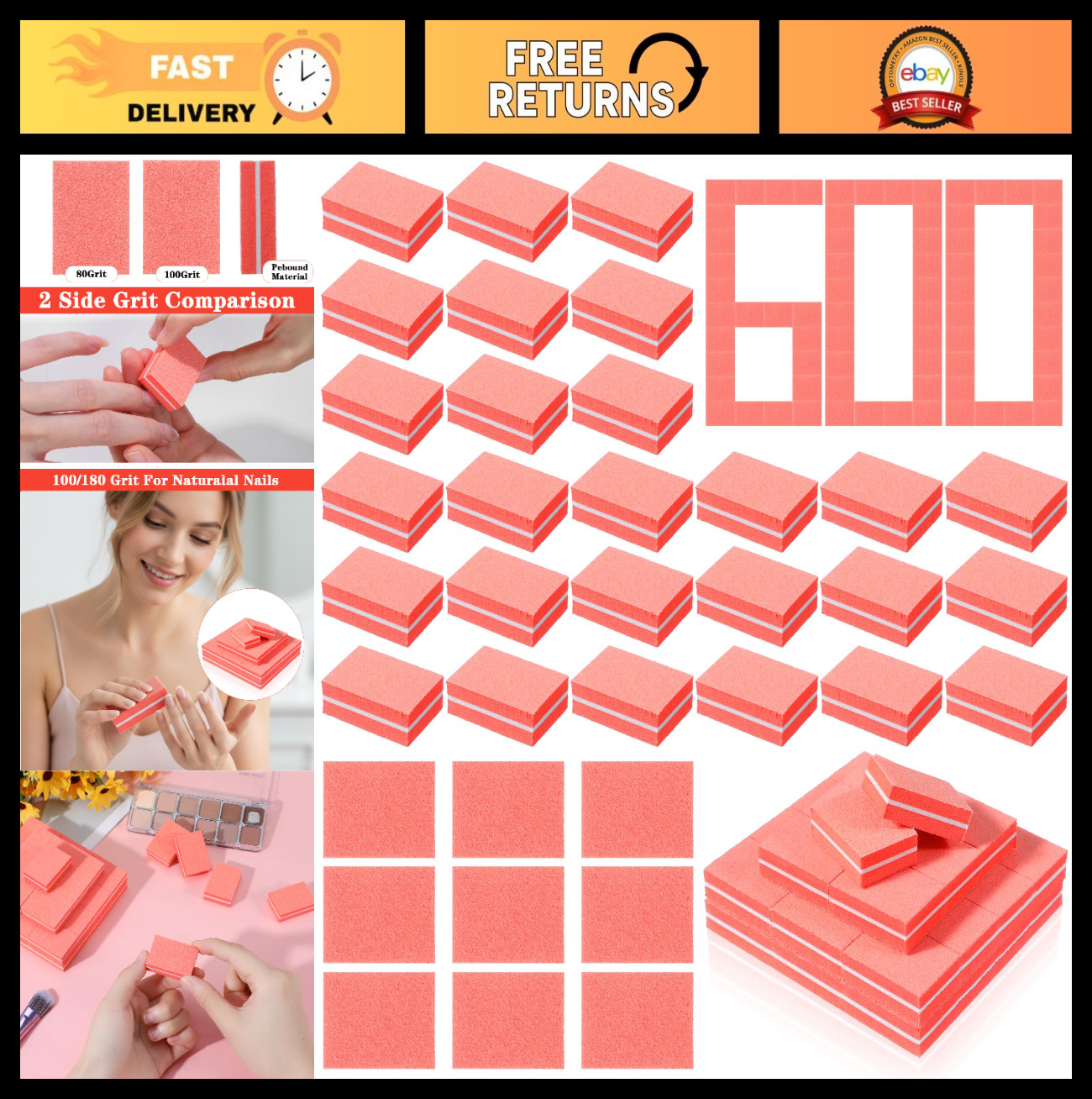 600 Mini Nail Buffer Blocks 80/100 Grit – Professional Salon Nail Files for Acry
