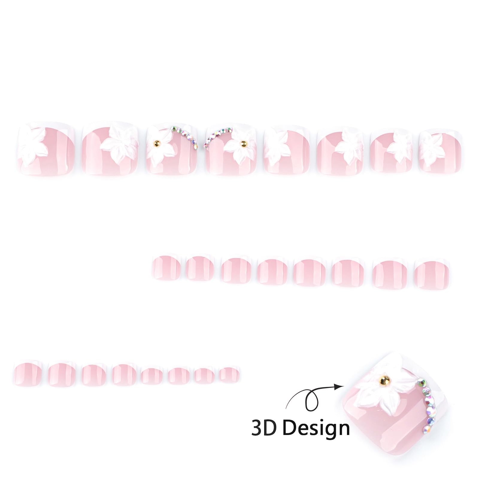 French Tip Press on Toenails Short Square Fake 0.04 Fl Oz (Pack of 24), Pink