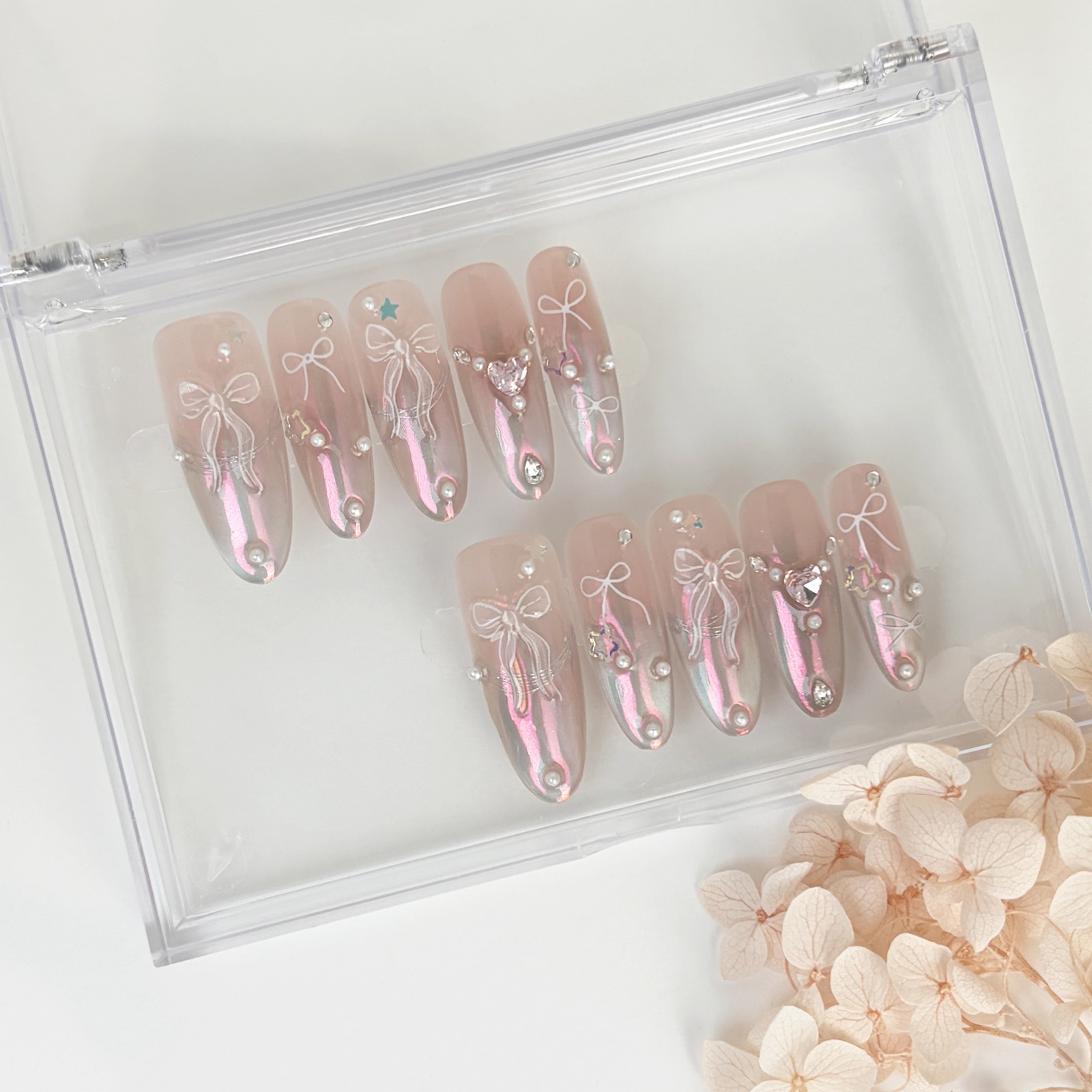 Pink Aurora Bow Press On Nails Almond Pearl Rhinestone Reusable Glue On Set