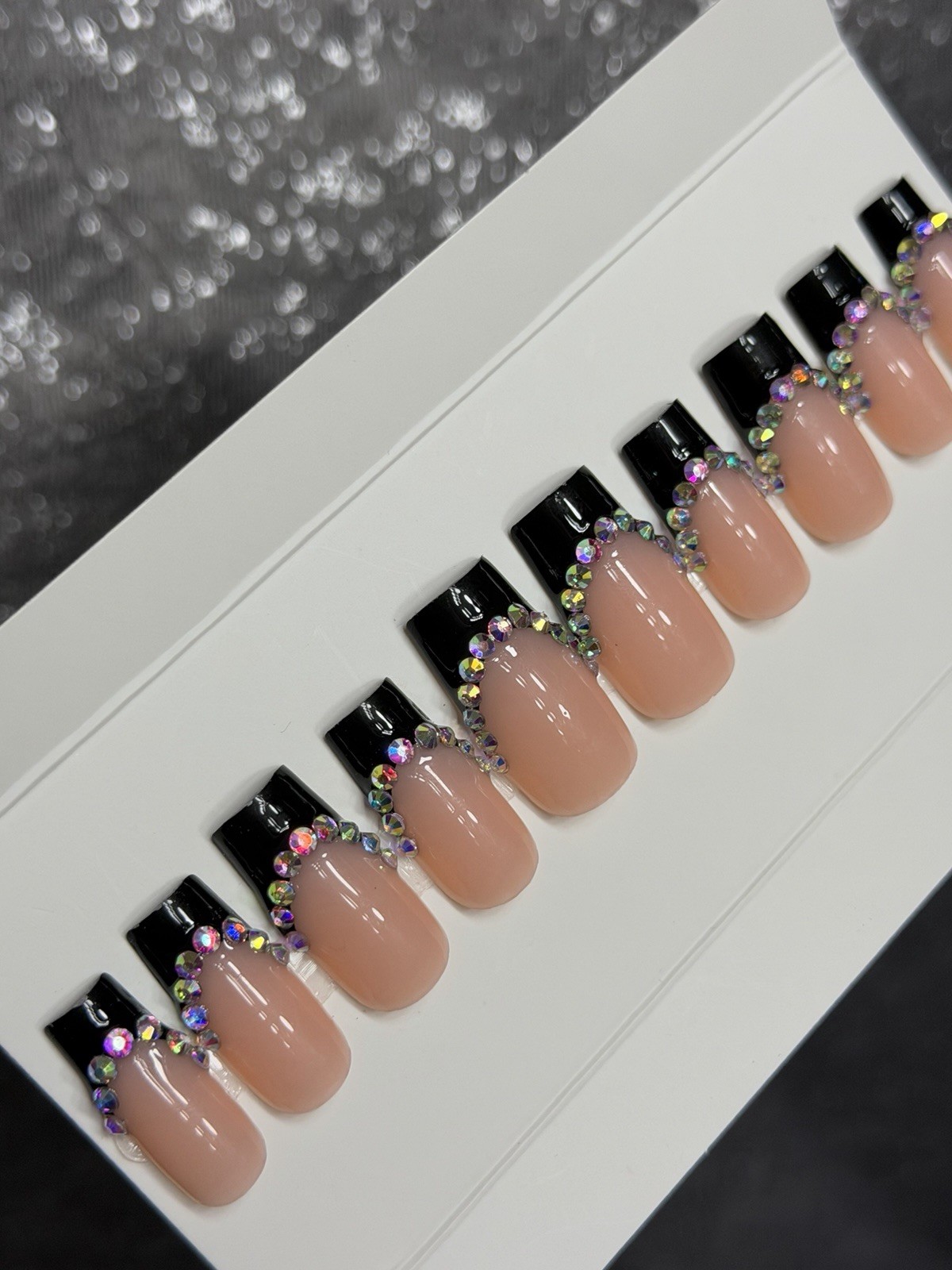 ✨ CUSTOM Press On Nails FRENCH BLACK BLING 10p SET W Kit Size M