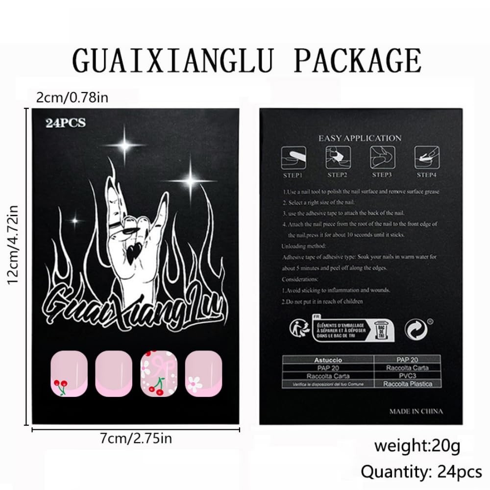 French Tips Press on Nails Medium Square Fake Nails with Flower Bow Design Gl…