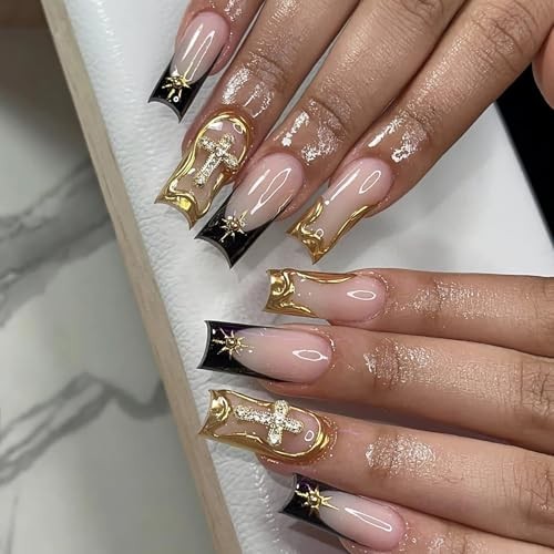 Press on Nails Long Square, Black Gold French Tip Fake Nails Glue 9009 Gold