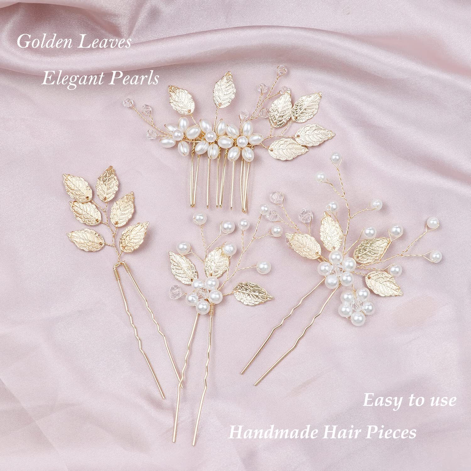 4 Pieces Bridal Wedding Hair Pins Gold Leaf 4 Count (Pack of 1), Elegant