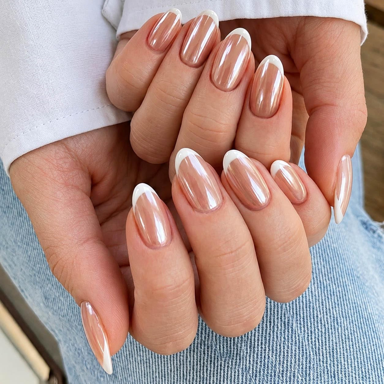 evpct French Tip Chrome Glazed Almond Nails Nude Brown/White