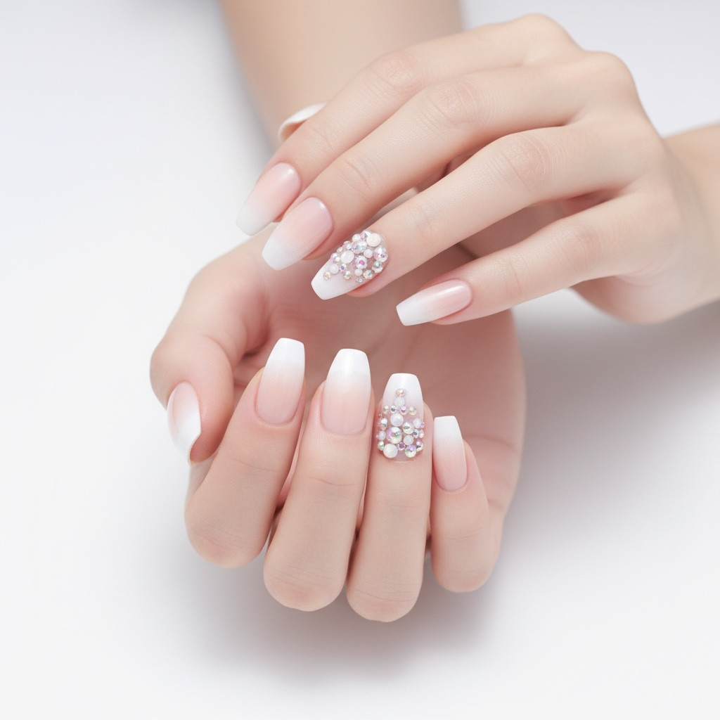 Nude Pink White Ombre French 3D Crystal Press On Nails Long Coffin Fake Nails