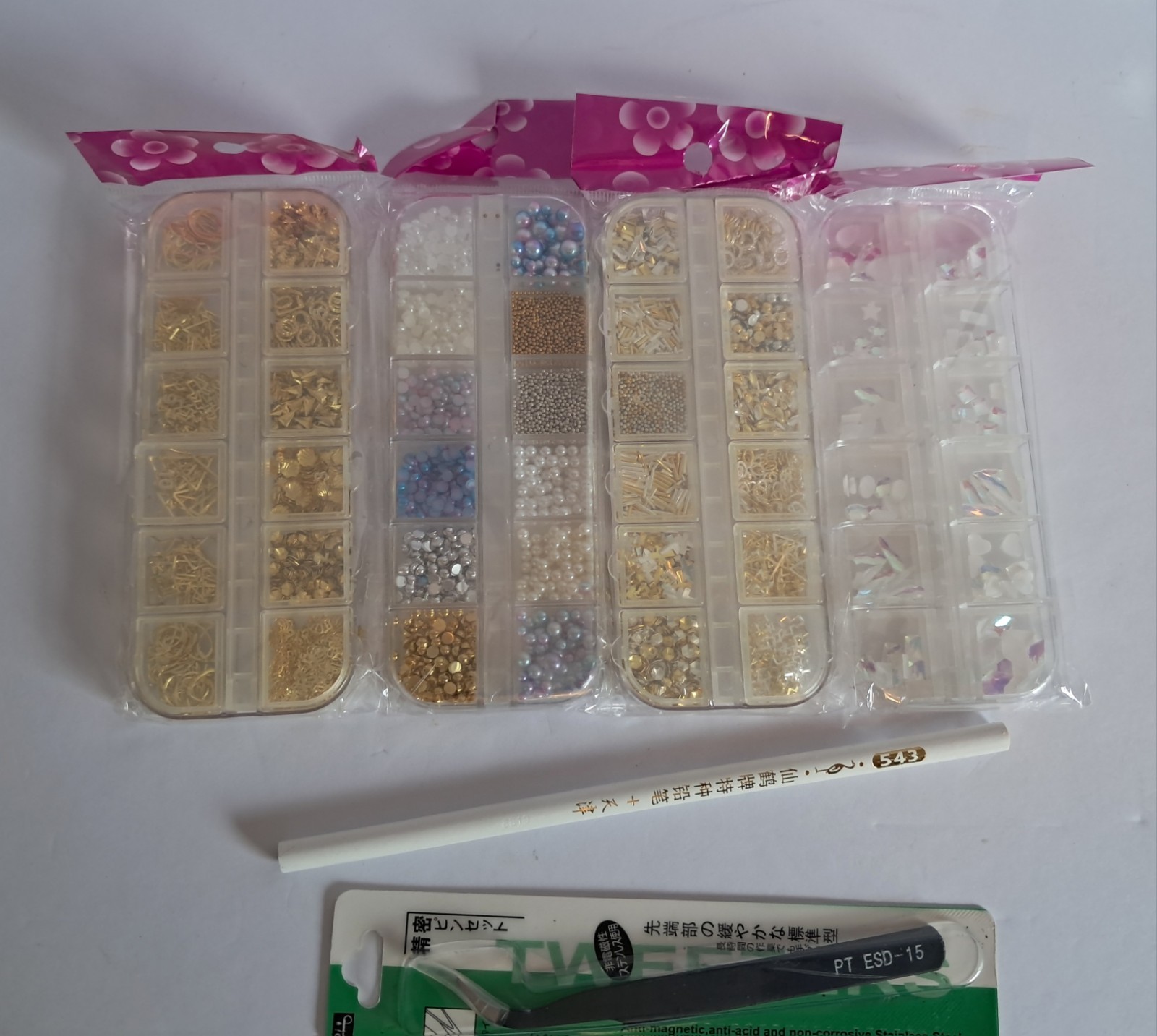 4 Box Set 48 Nail Gems Holographic, Silver , Gold 3D Mosaic Nail Art Kit *NEW*