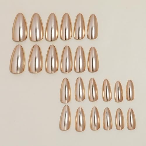 Gold Press on Nails Medium Almond Fake Nails Chrome Metallic False Style-12