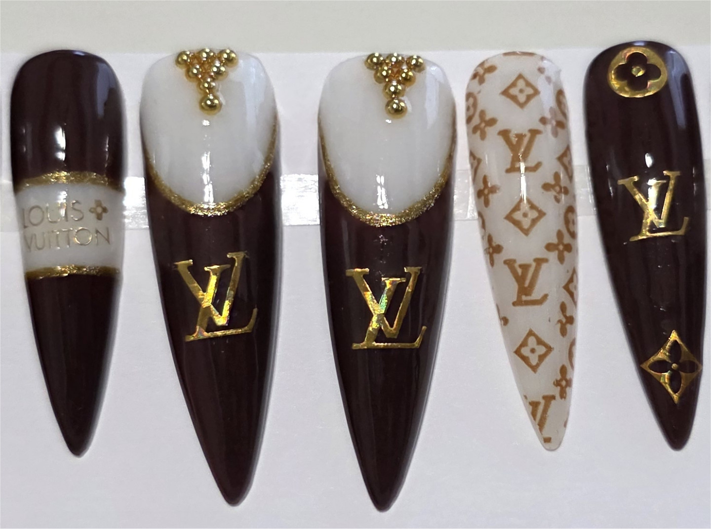 10 Pcs Press On Nails Custom Gel Luxury Brown Gold Full Set Long Nail +Kit M