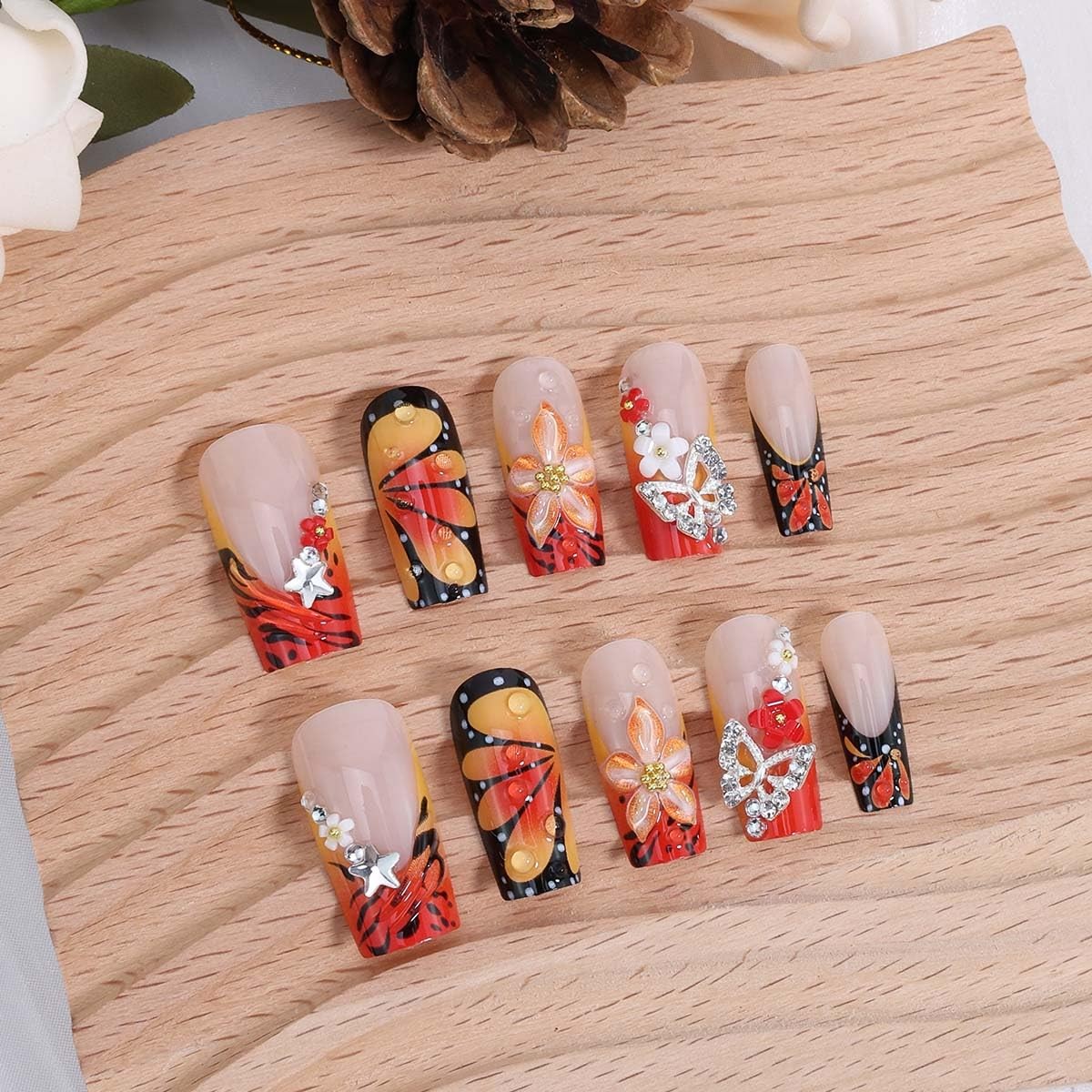 24Pcs Flower French Tip Press on Nails Long Square 3D Floral Butterfly Fake N…