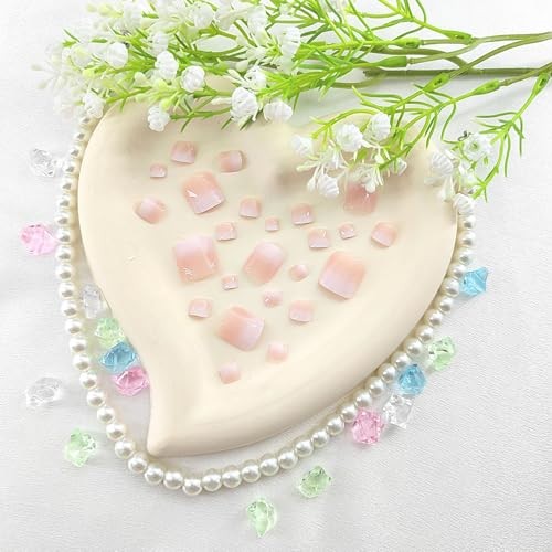Square Press on Toenails Short White Gradient False Toe Nails Glossy Toenail
