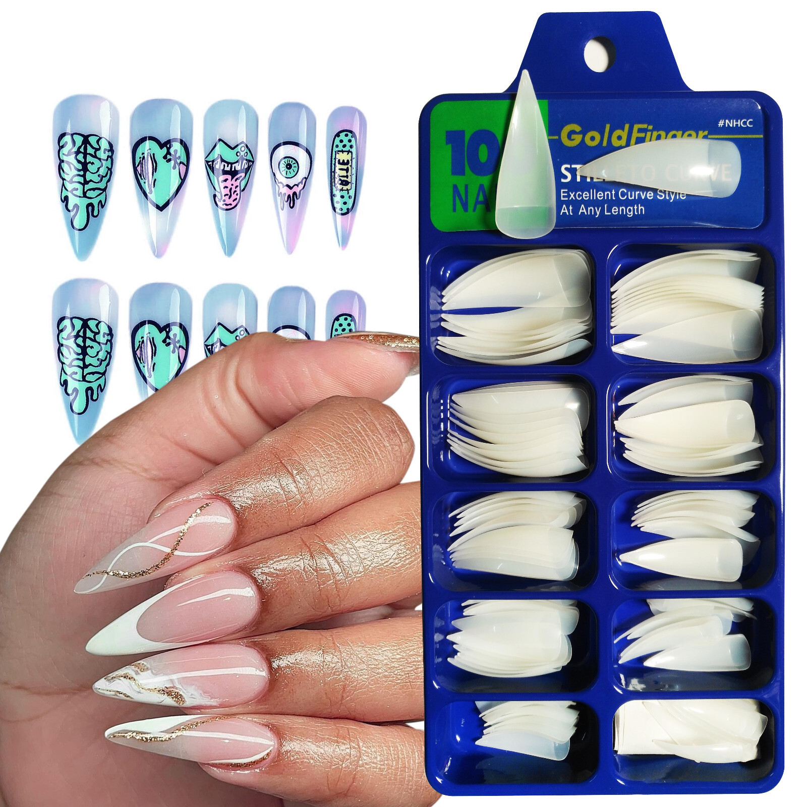 100pcs Sharp Ending French Acrylic Stiletto Nail Art Tips Half Cover False Nail