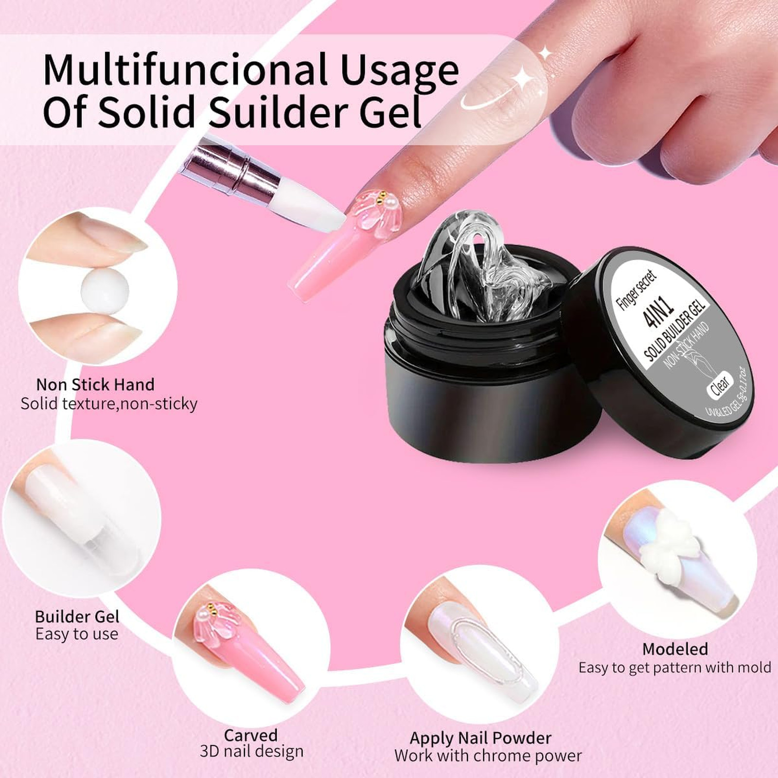 Solid Builder Gel for Nails, Hard Gel, 4g Clear White, Non-sticky, Nail