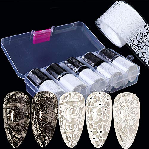 10 Rolls Black White Flower Nail Foil Transfer Sticker Kit Lace Nail Foil