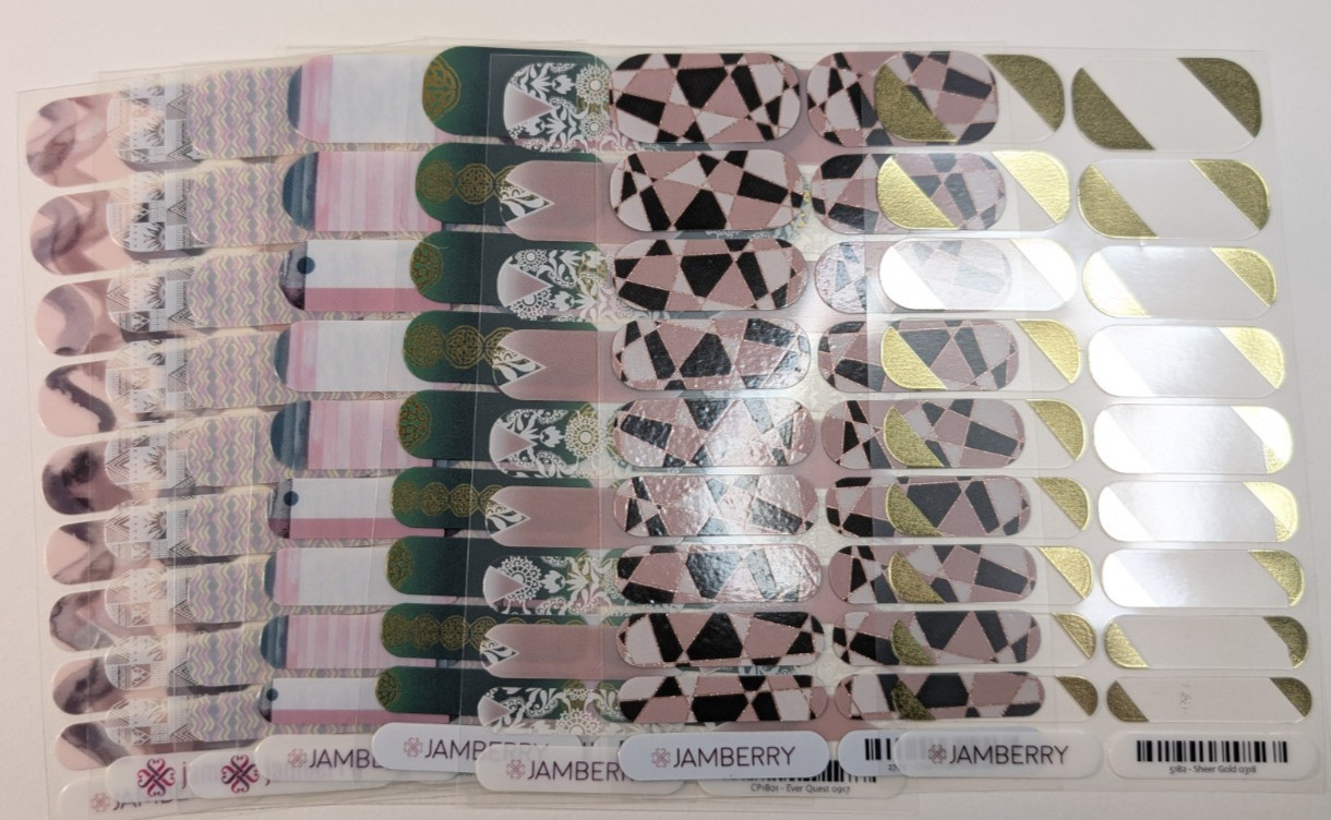 Jamberry Nail Wraps Full Sheets – Green Pink & Gold – Lot of 8