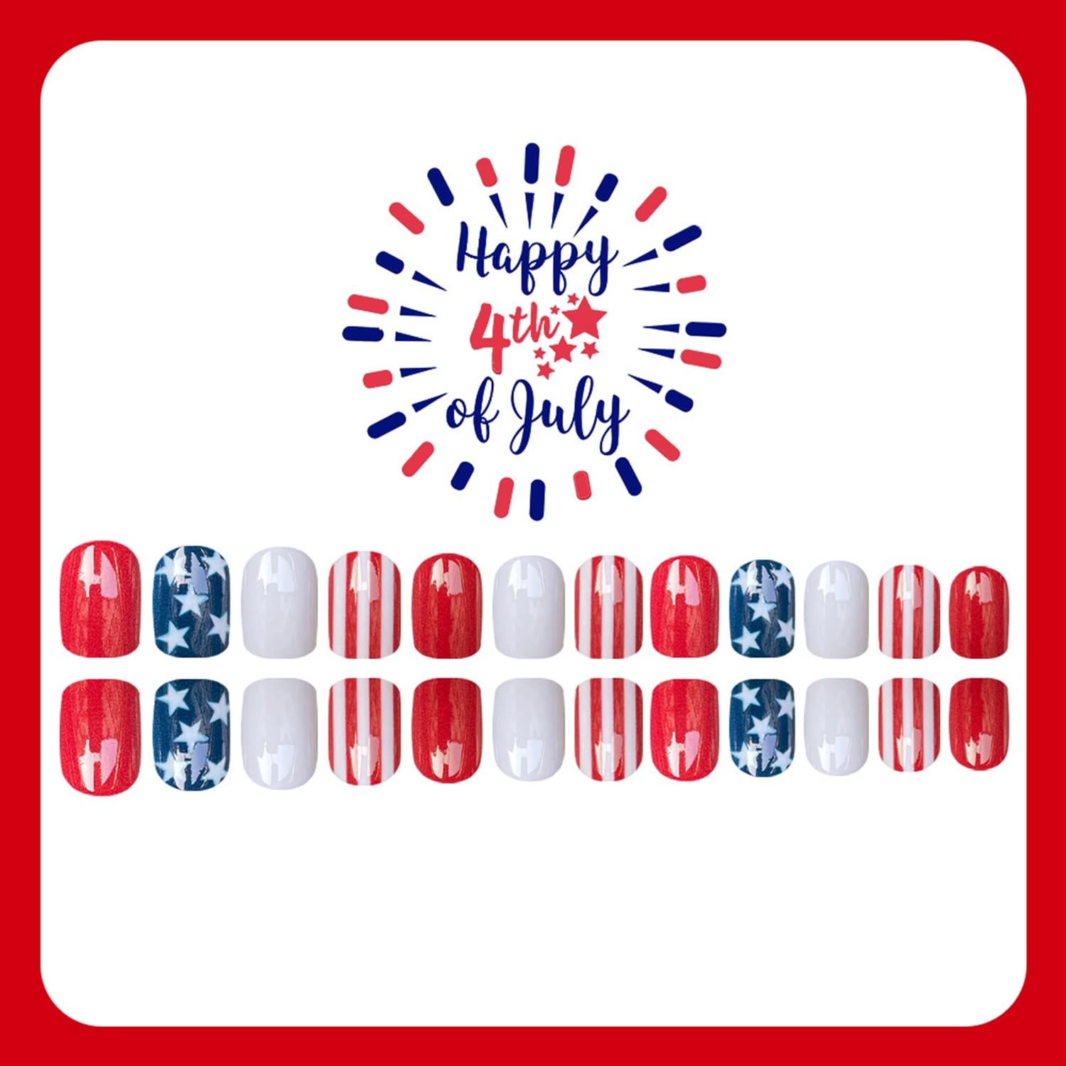 4th of July Press On Nails – Short Square Fake Nails – Patriotic Indep Nails – 7
