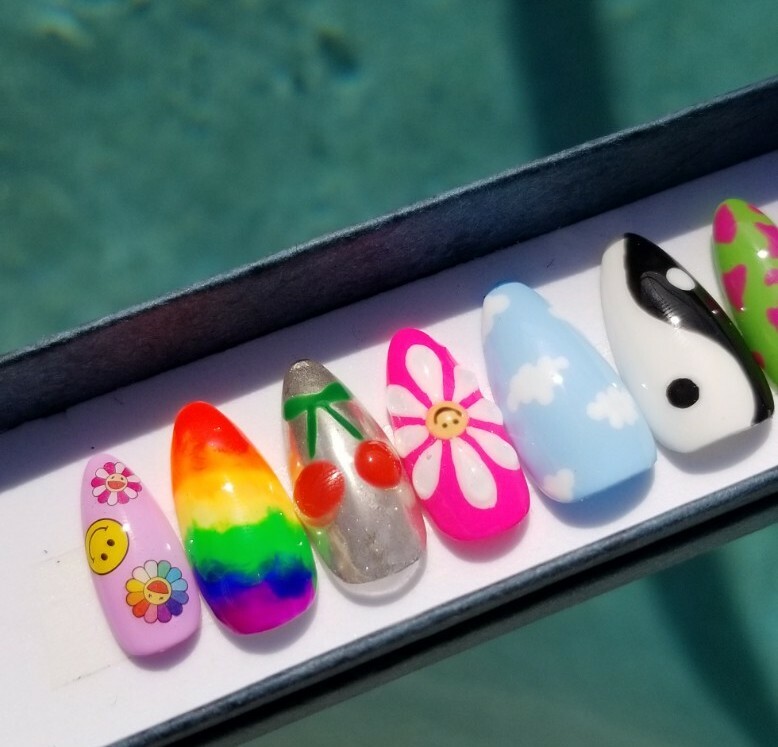 Custom Press On Nails Kidcore Smileys Rainbow Trippy Neon Hard Gel Short Almond