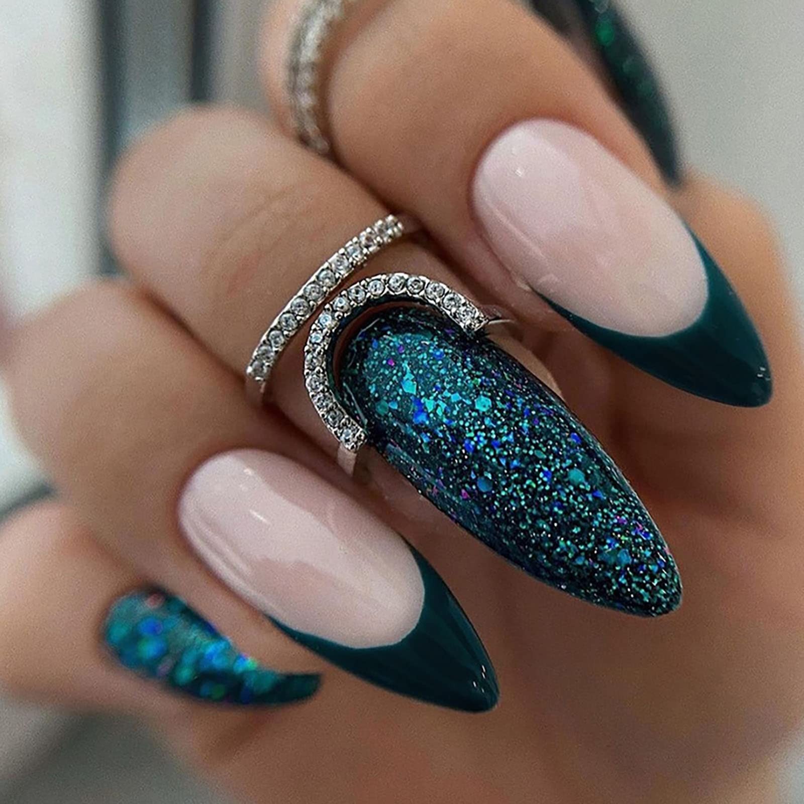 Press on Nails Medium Almond French Tip Fake Nails Dark Green Glitter Full Co…