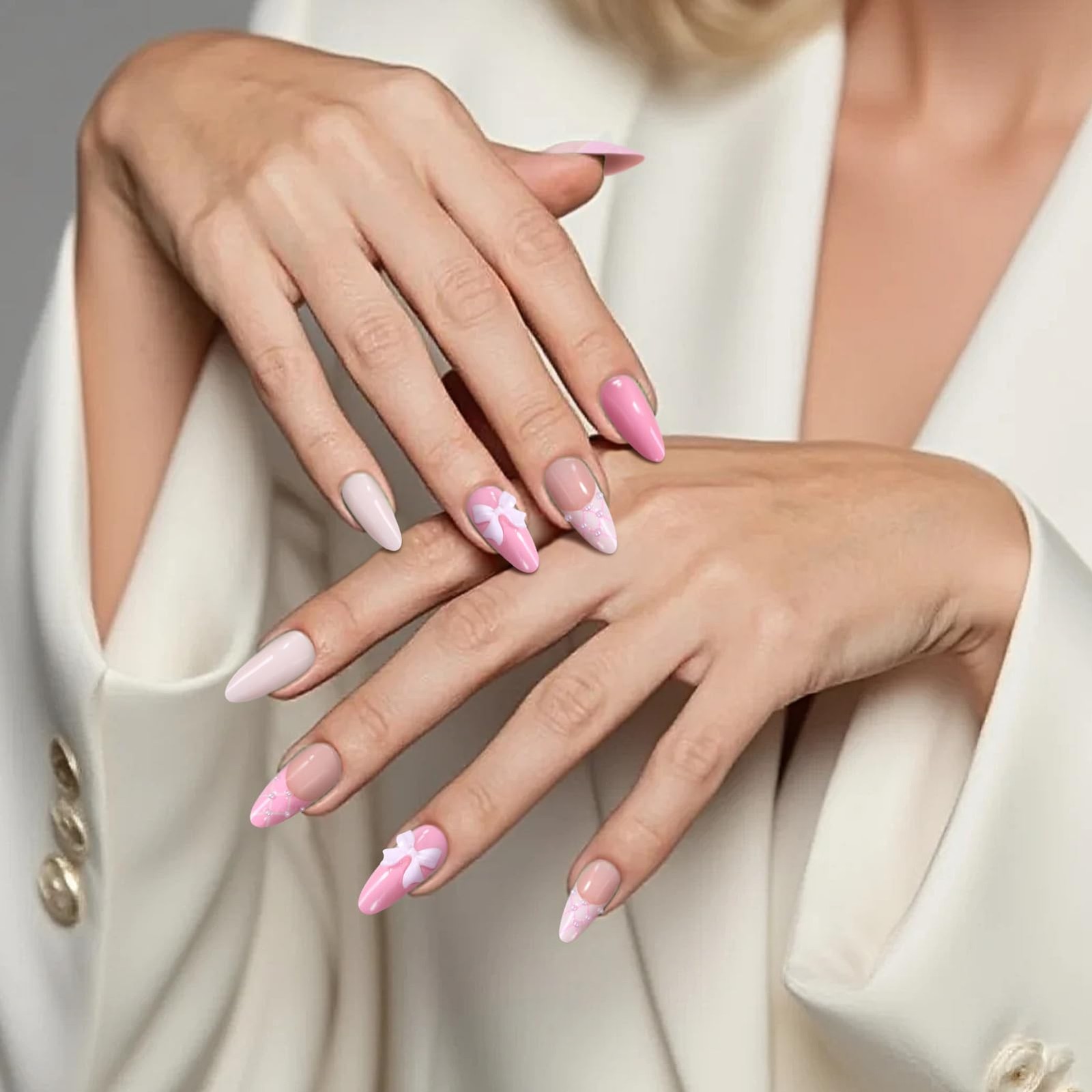 Light Pink French Tip Press on Nails – Medium Almond Nude Fake Nails with 3D …