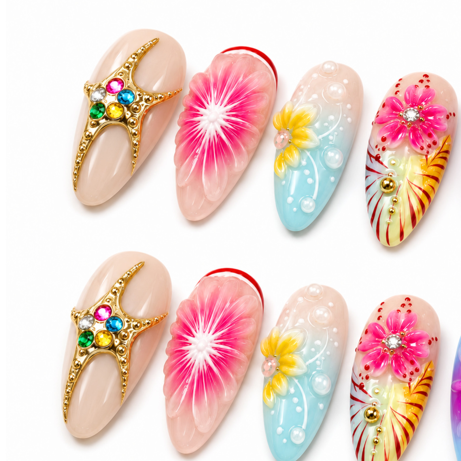 Handmade 3D Floral Starfish Press On Nails Summer Ocean Nail Set