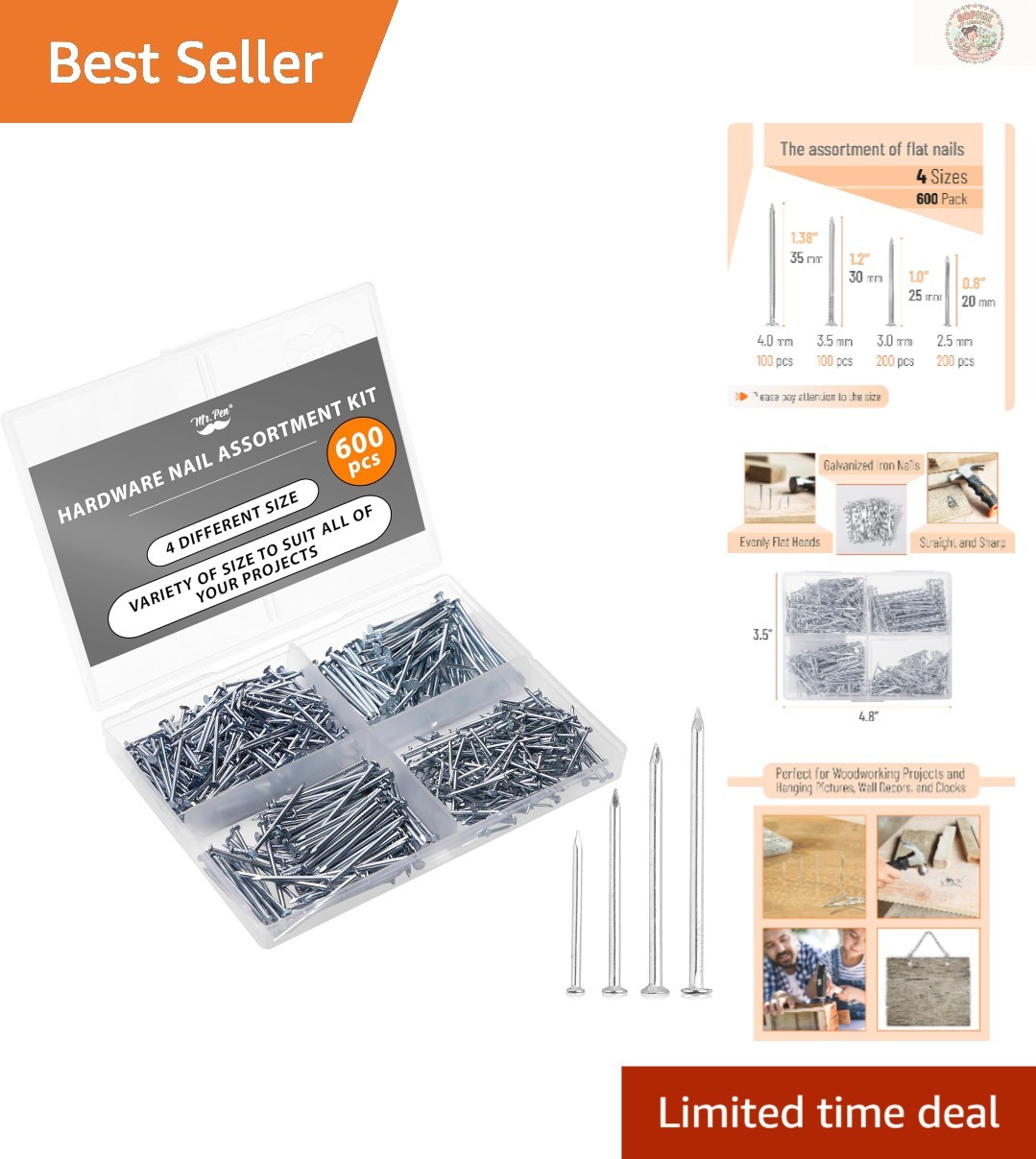 Effortless Repair Solutions: 600 Silver Nails in 4 Size Variations for All Tasks