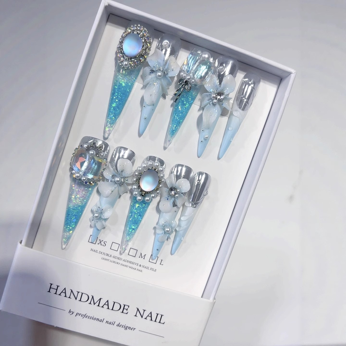 10Pcs Liquid Sand 3D Carved Long Stiletto Press On Nails Waterproof Party Nails